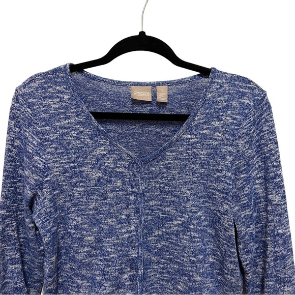 Chicos Blue White Knit 3/4 Sleeve Sweater Rolled Cuff, Size 1 - Picture 4 of 10